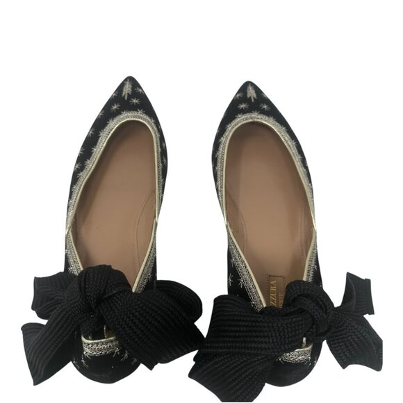 Aquazzura Bliss Black Suede Gold Embroidered Stars Ankle Wrap Ballet Flats 11 - Picture 5 of 13